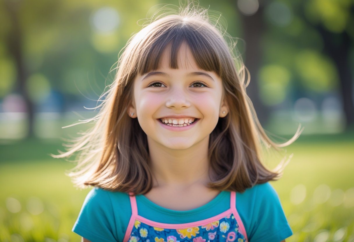 Menina jovem ao ar livre em um parque ensolarado, sorrindo e vestindo roupas coloridas.