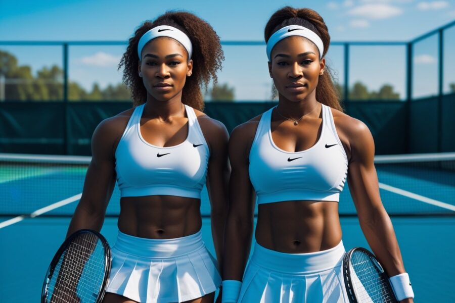 Duas mulheres atléticas em uma quadra de tênis, segurando raquetes e olhando com confiança.