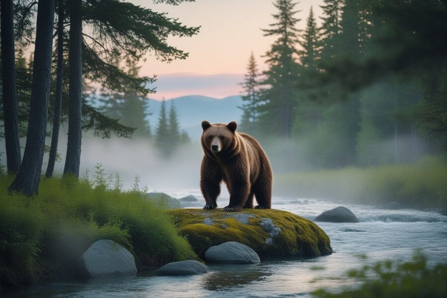 Urso marrom calmo em uma floresta tranquila ao amanhecer, perto de um riacho com névoa suave.