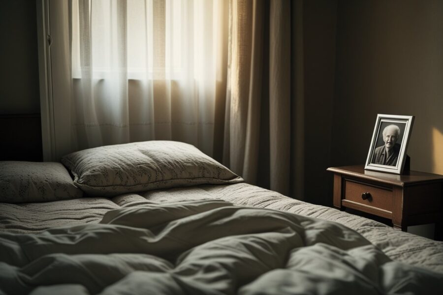 Quarto com cama feita e uma fotografia antiga sobre a mesa de cabeceira, transmitindo uma atmosfera de lembrança e reflexão.