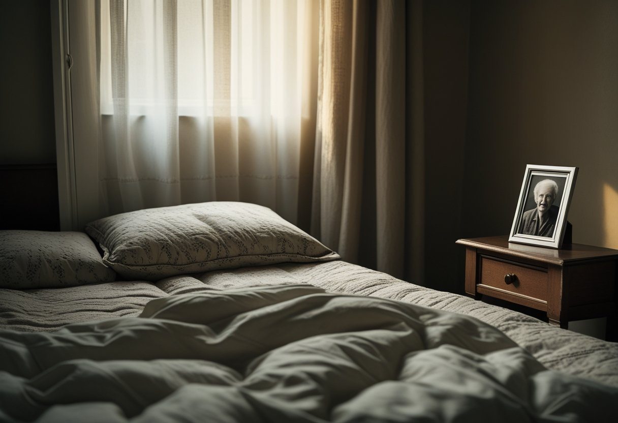 Quarto com cama feita e uma fotografia antiga sobre a mesa de cabeceira, transmitindo uma atmosfera de lembrança e reflexão.