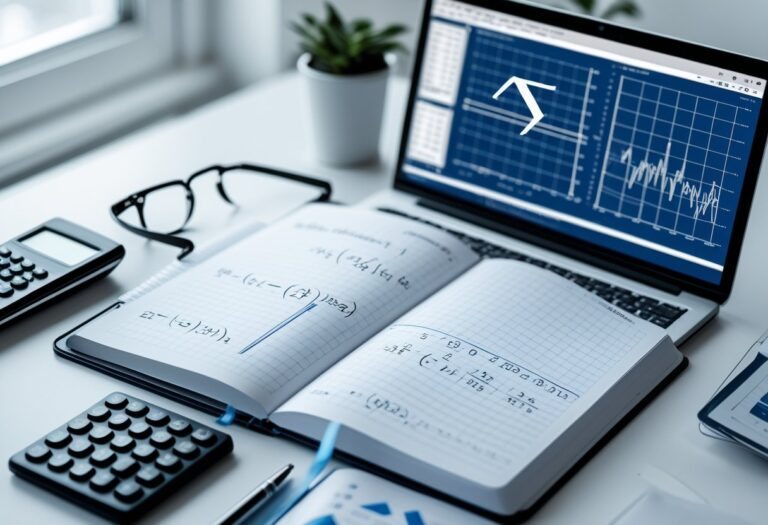 Mesa de trabalho com caderno aberto mostrando fórmulas matemáticas e a letra grega sigma, cercado por calculadora, óculos, caneta e laptop com gráficos na tela.