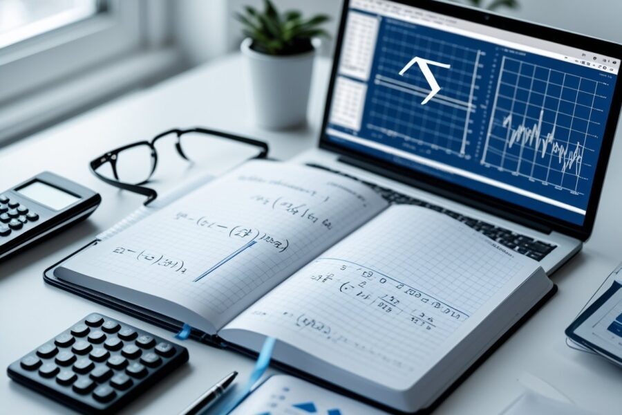 Mesa de trabalho com caderno aberto mostrando fórmulas matemáticas e a letra grega sigma, cercado por calculadora, óculos, caneta e laptop com gráficos na tela.