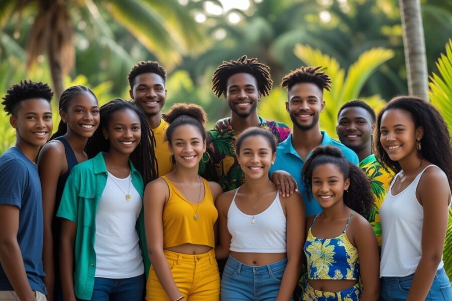 Grupo de jovens em um ambiente tropical sorrindo e interagindo de forma amigável.