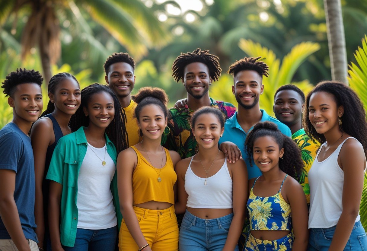 Grupo de jovens em um ambiente tropical sorrindo e interagindo de forma amigável.