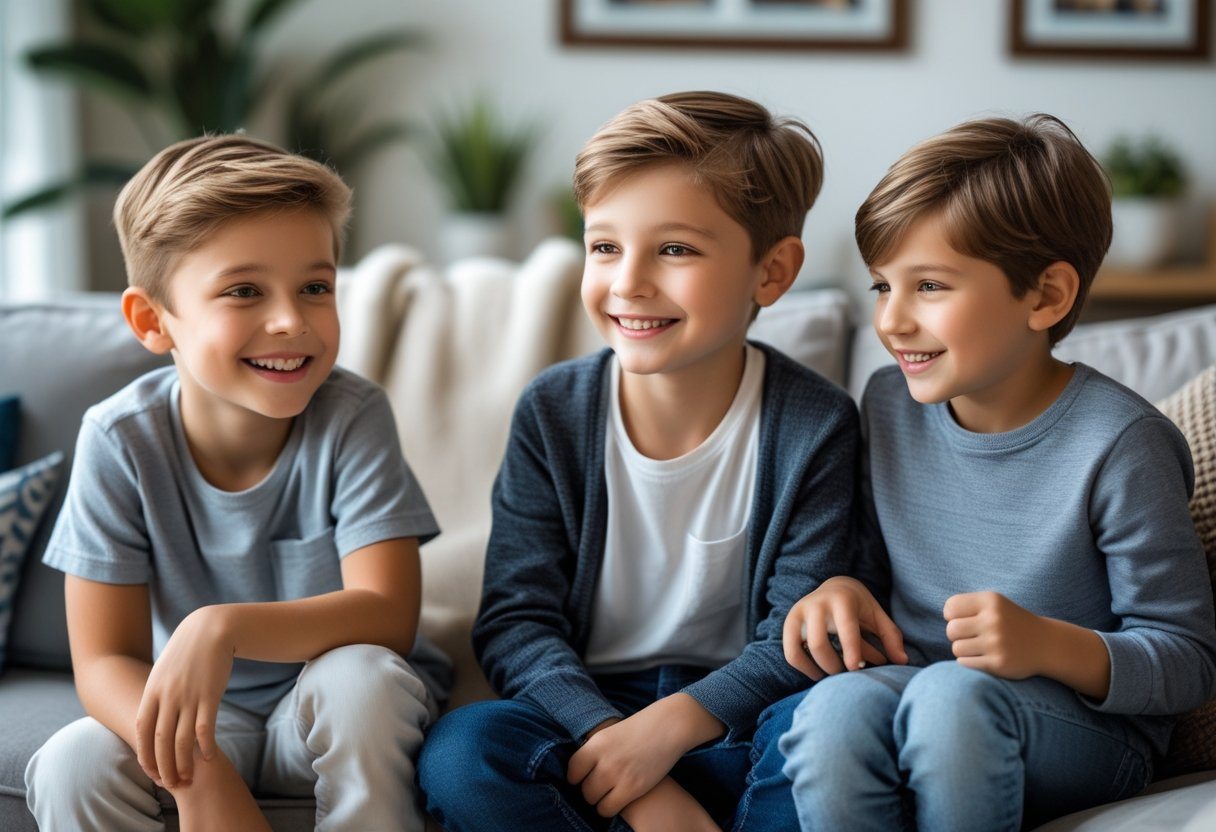 Três irmãos sorrindo e interagindo em uma sala de estar aconchegante.