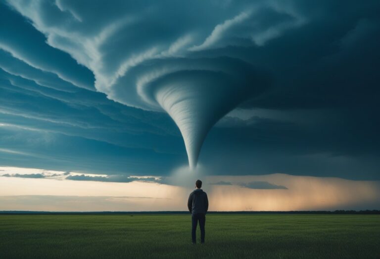 Pessoa em um campo aberto olhando para um tornado ao longe sob um céu de tempestade.