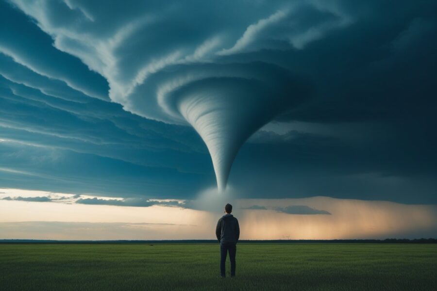 Pessoa em um campo aberto olhando para um tornado ao longe sob um céu de tempestade.