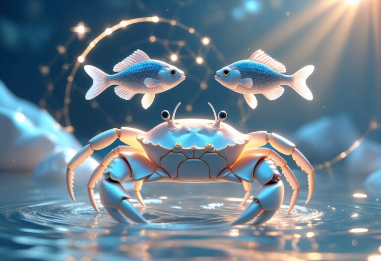 Cena subaquática mostrando um caranguejo de Câncer junto com dois peixes de Peixes nadando em harmonia em um ambiente iluminado por luz suave.