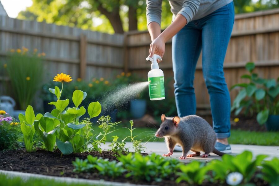 Pessoa aplicando repelente natural em um gambá próximo a um jardim em um quintal residencial.