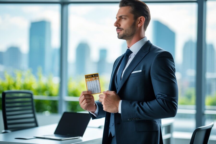 Homem de terno escuro em escritório moderno segurando um bilhete de loteria, olhando pela janela com expressão pensativa.