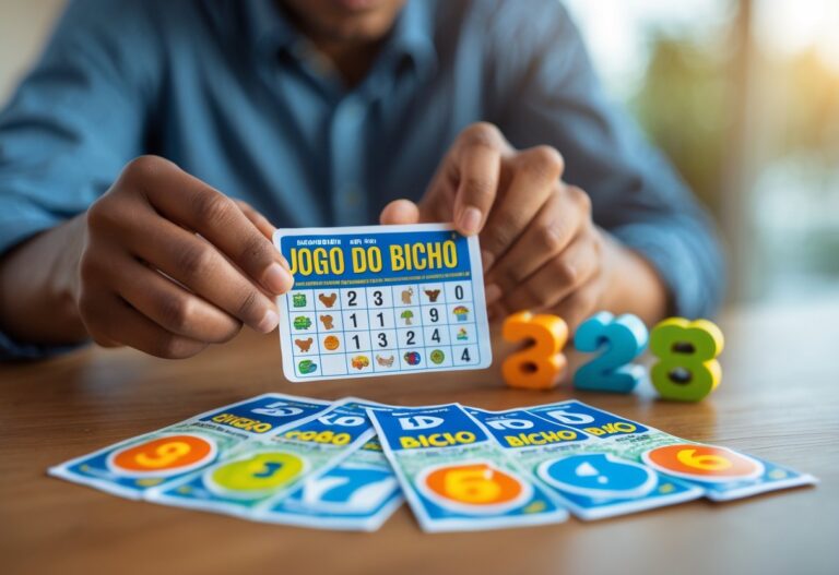 Pessoa verificando um bilhete de jogo do bicho em um ambiente iluminado, com símbolos de animais coloridos sobre a mesa.