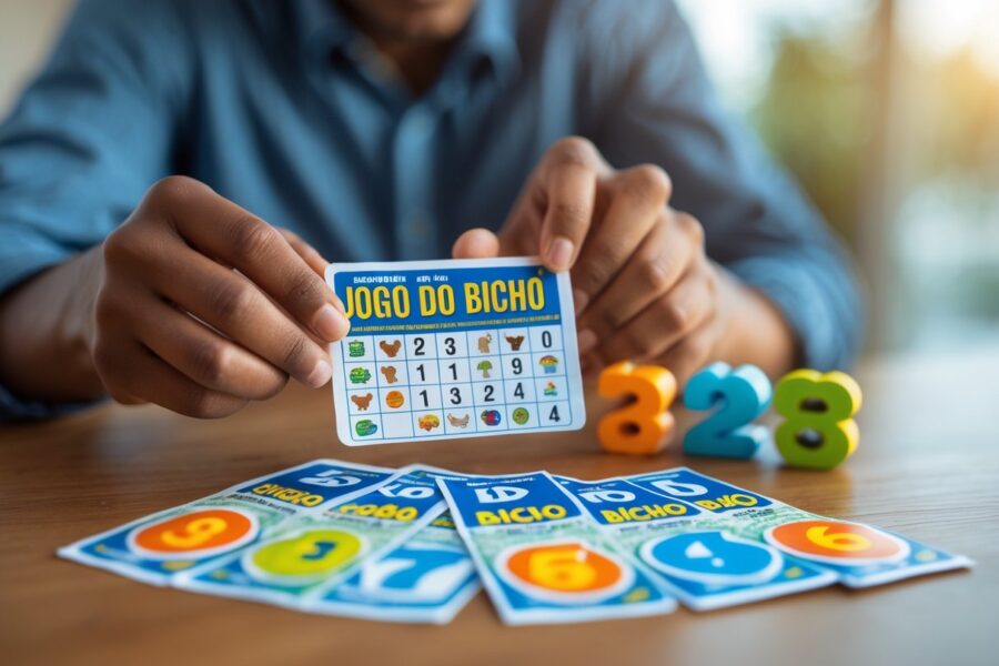 Pessoa verificando um bilhete de jogo do bicho em um ambiente iluminado, com símbolos de animais coloridos sobre a mesa.