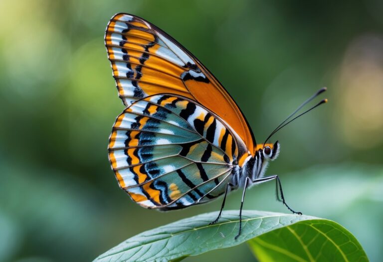 Borboleta colorida pousada em uma folha verde com fundo desfocado de plantas.