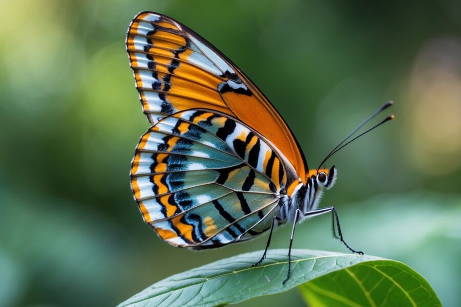 Borboleta colorida pousada em uma folha verde com fundo desfocado de plantas.