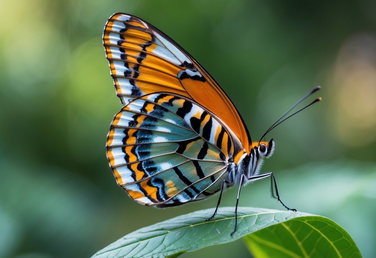 Borboleta colorida pousada em uma folha verde com fundo desfocado de plantas.