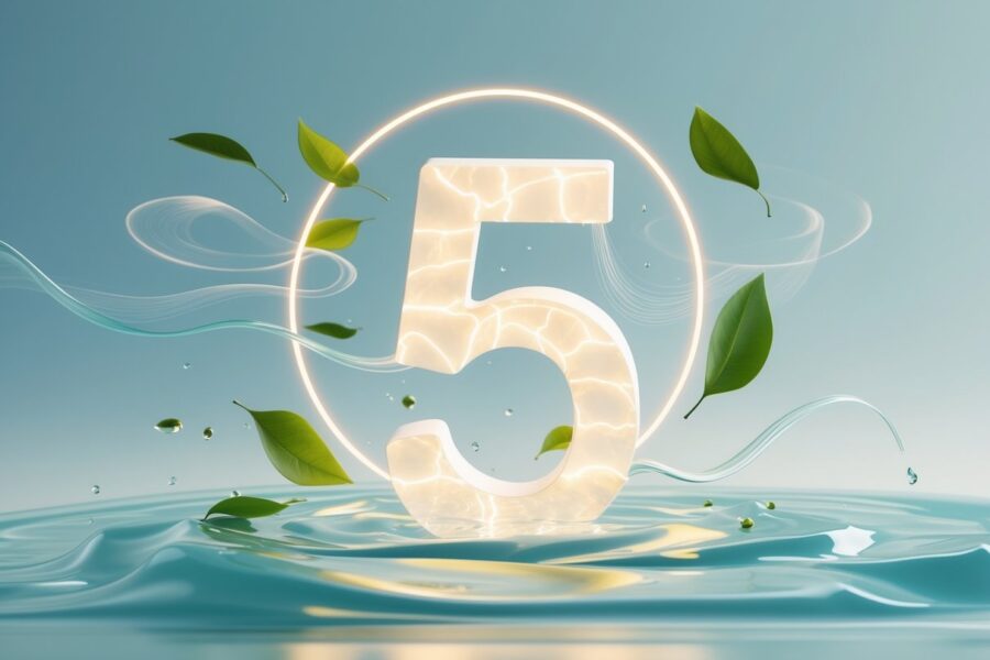 Número 5 estilizado flutuando no centro, rodeado por elementos naturais como água e folhas em movimento, transmitindo energia e mudança.