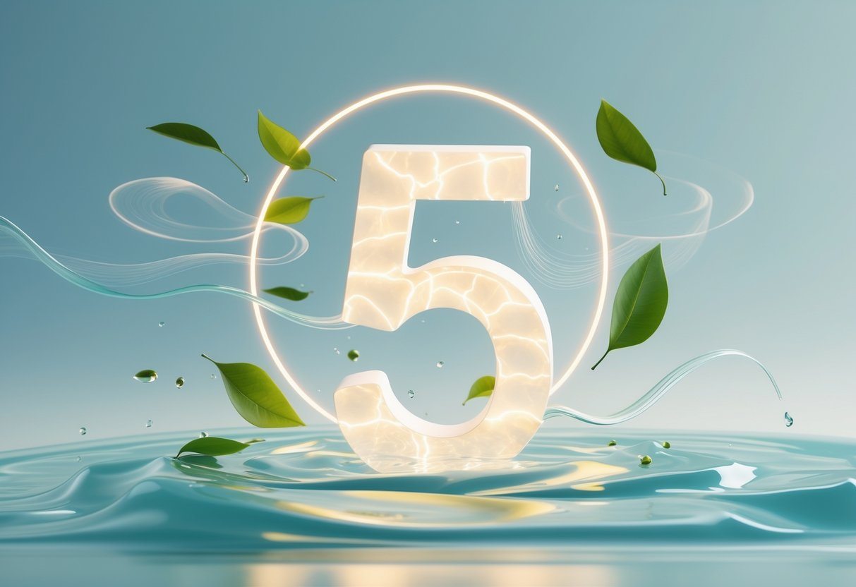Número 5 estilizado flutuando no centro, rodeado por elementos naturais como água e folhas em movimento, transmitindo energia e mudança.