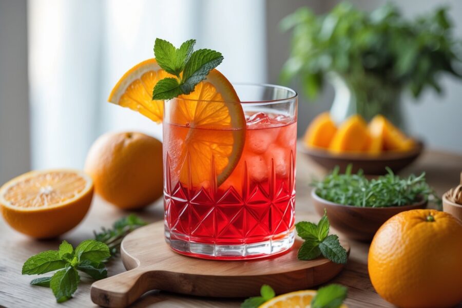 Copo de Campari com fatia de laranja e hortelã sobre mesa de madeira, cercado por ingredientes frescos como laranjas e ervas.