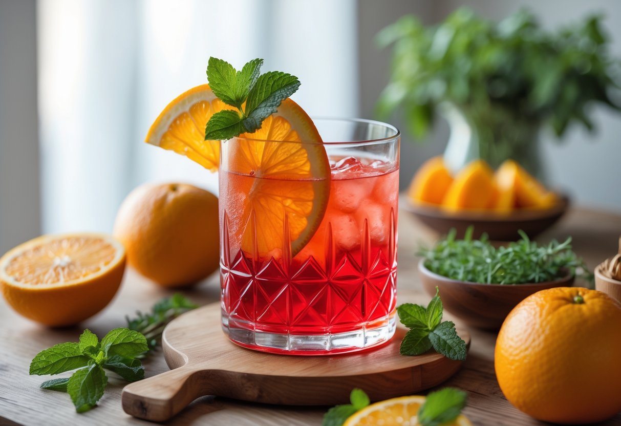 Copo de Campari com fatia de laranja e hortelã sobre mesa de madeira, cercado por ingredientes frescos como laranjas e ervas.