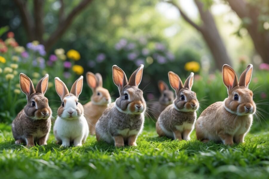Vários coelhos fofos em um jardim com grama verde e flores coloridas, sob luz suave do sol.