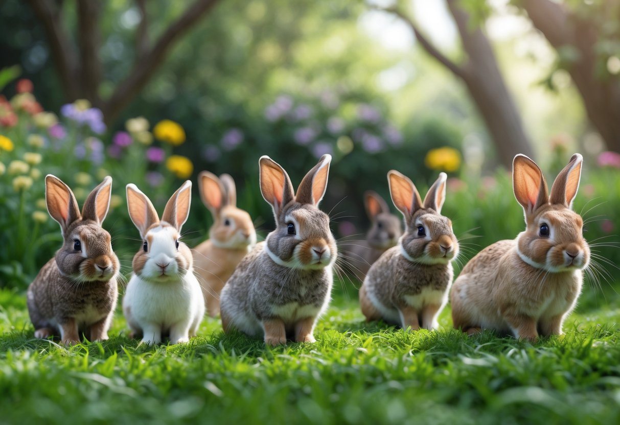 Vários coelhos fofos em um jardim com grama verde e flores coloridas, sob luz suave do sol.