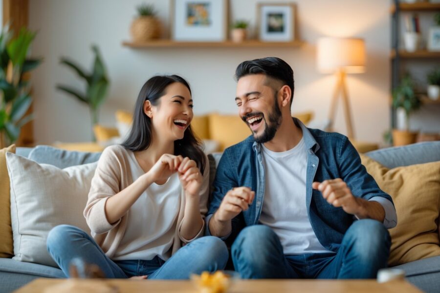 Casal feliz brincando e rindo juntos em uma sala de estar aconchegante.