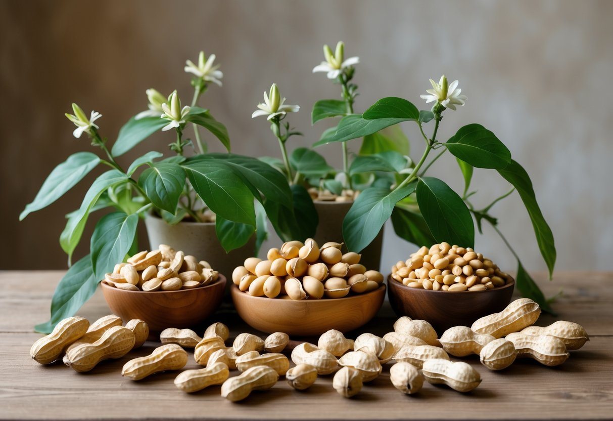 Mesa de madeira com amendoins inteiros, amendoins sem casca e planta de amendoim com folhas verdes e flores.
