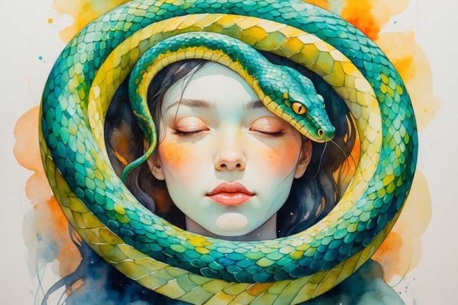 Pessoa com uma cobra grande enrolada na cabeça, com expressão serena e olhos fechados.