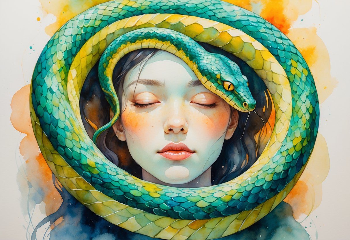 Pessoa com uma cobra grande enrolada na cabeça, com expressão serena e olhos fechados.