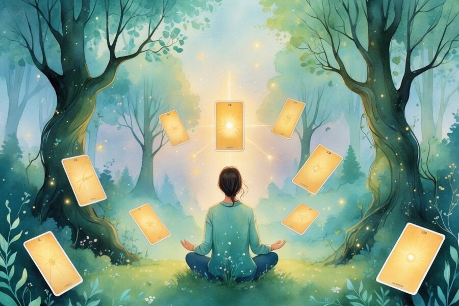 Pessoa sentada em uma floresta mágica cercada por cartas de tarô flutuantes, segurando uma carta que emite luz dourada.