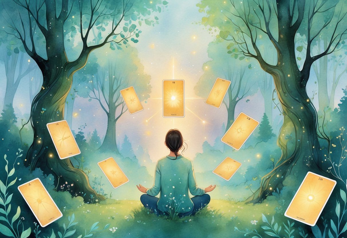 Pessoa sentada em uma floresta mágica cercada por cartas de tarô flutuantes, segurando uma carta que emite luz dourada.