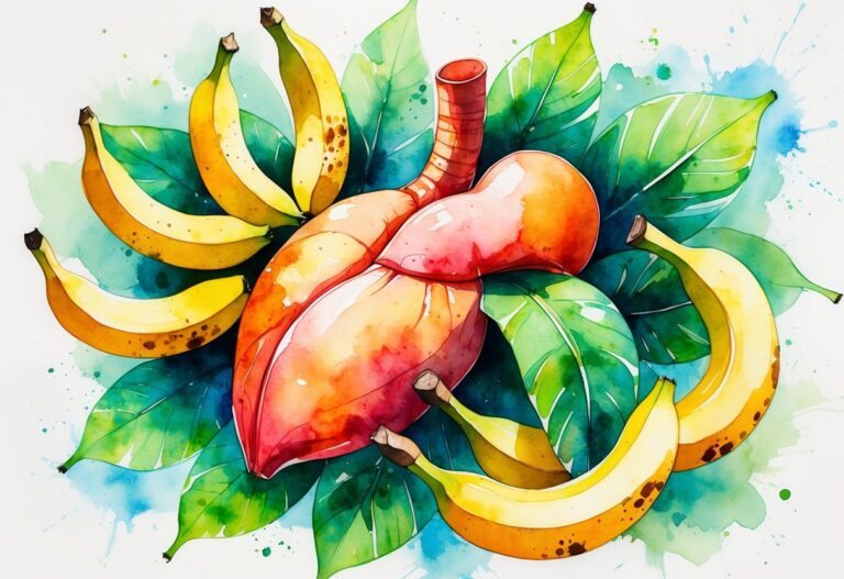 Ilustração colorida mostrando um fígado saudável rodeado por bananas maduras e folhas verdes.