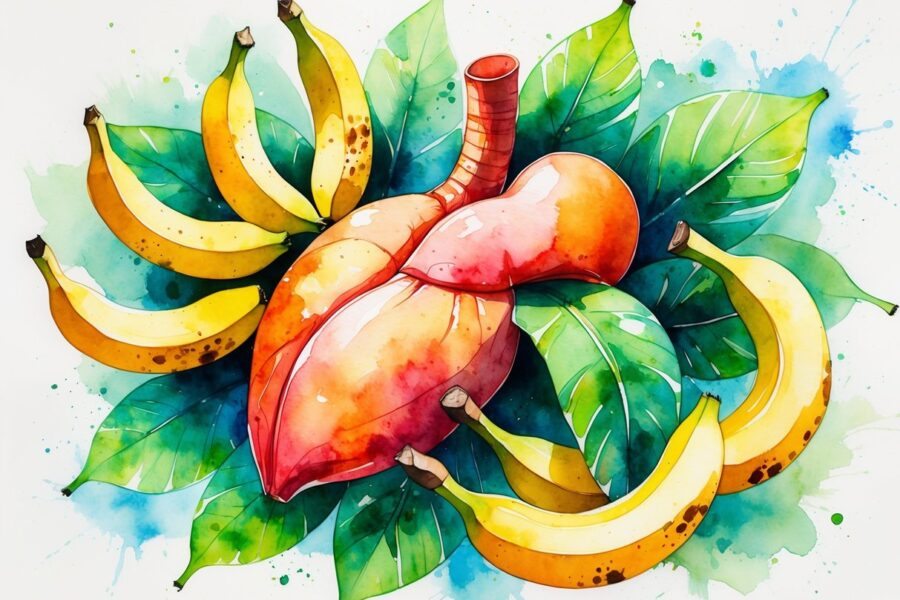 Ilustração colorida mostrando um fígado saudável rodeado por bananas maduras e folhas verdes.