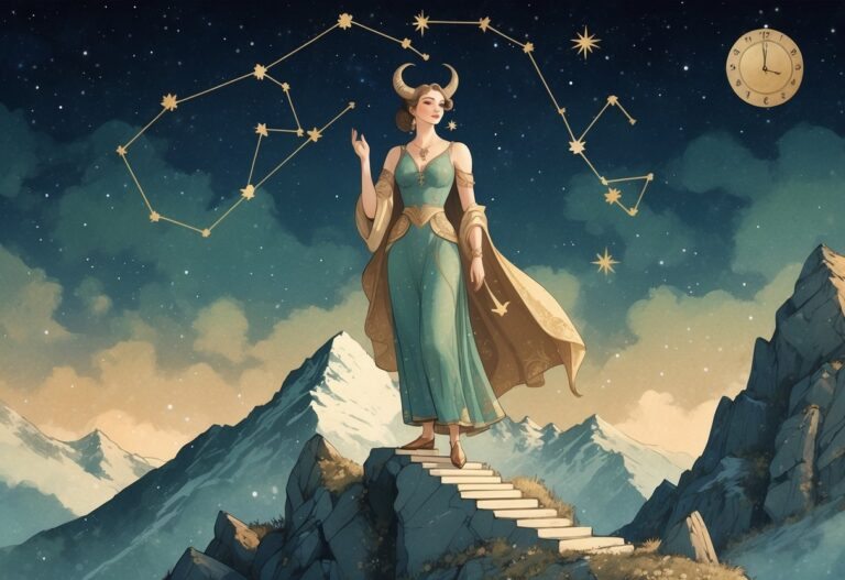 Uma figura feminina representando Vênus em pé sobre uma montanha rochosa à noite, com o céu estrelado e a constelação de Capricórnio visível ao fundo.