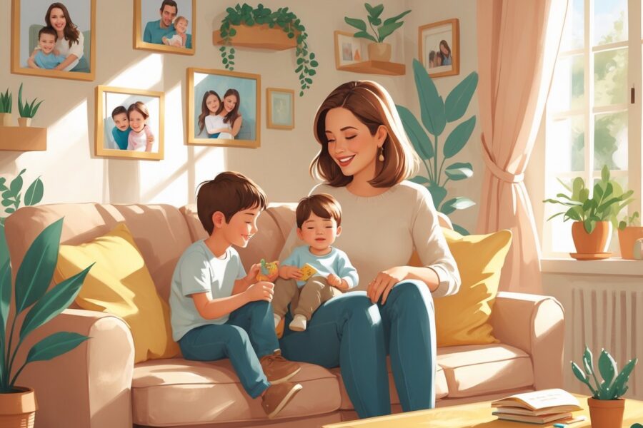 Amanda Righetti sentada em um sofá com seus dois filhos em uma sala iluminada e aconchegante.