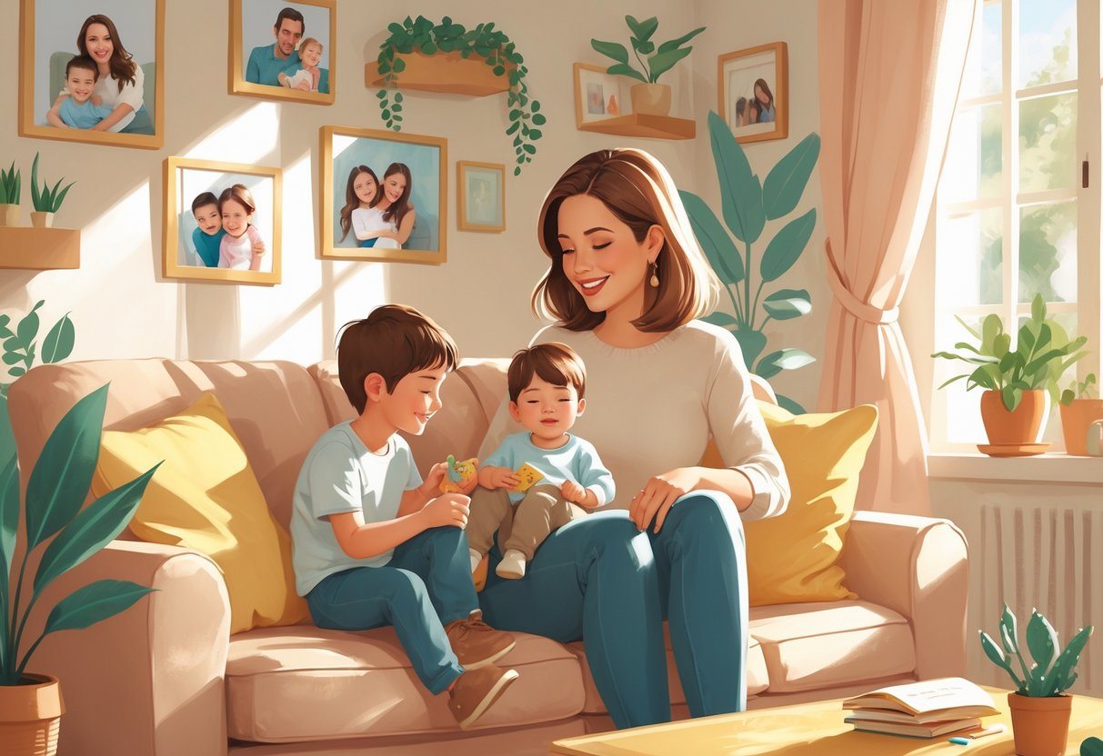 Amanda Righetti sentada em um sofá com seus dois filhos em uma sala iluminada e aconchegante.