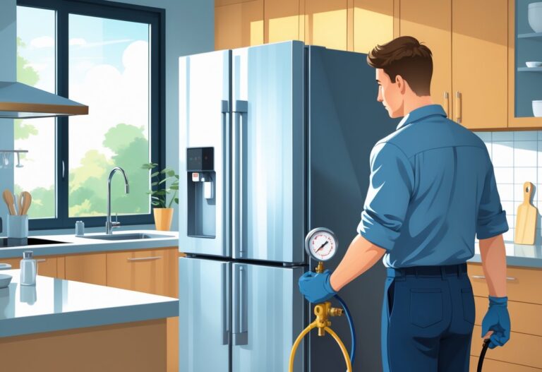 Técnico em uniforme ao lado de uma geladeira aberta, segurando cilindro de gás e medidor de pressão em uma cozinha moderna.