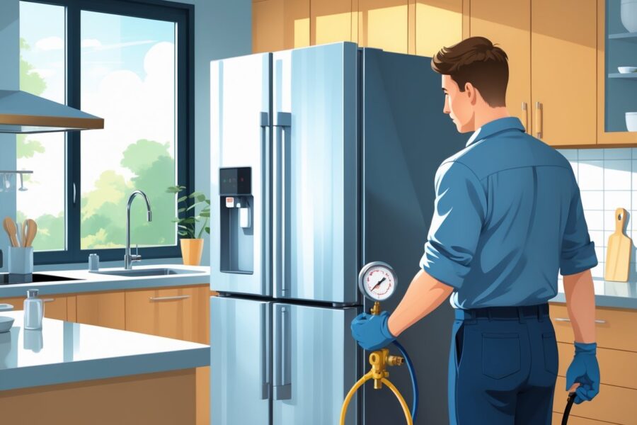 Técnico em uniforme ao lado de uma geladeira aberta, segurando cilindro de gás e medidor de pressão em uma cozinha moderna.