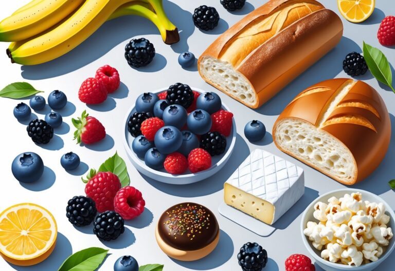 Vários alimentos que começam com a letra B, como bananas, baguete, frutas vermelhas, brigadeiros, queijo Brie e pipoca, dispostos juntos sobre um fundo neutro.