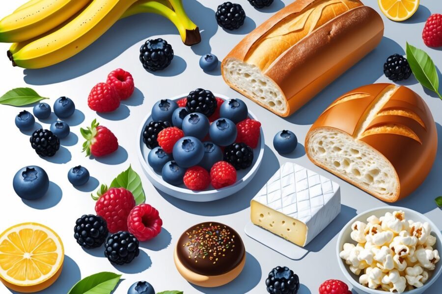 Vários alimentos que começam com a letra B, como bananas, baguete, frutas vermelhas, brigadeiros, queijo Brie e pipoca, dispostos juntos sobre um fundo neutro.