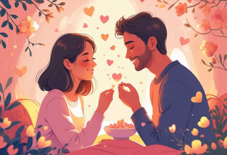 Duas pessoas em um momento íntimo, uma oferecendo um pequeno coração brilhante para a outra, cercadas por flores e luz suave, simbolizando carinho e amor.