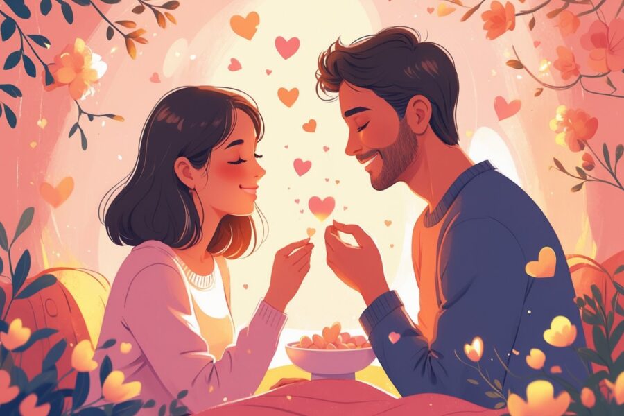 Duas pessoas em um momento íntimo, uma oferecendo um pequeno coração brilhante para a outra, cercadas por flores e luz suave, simbolizando carinho e amor.