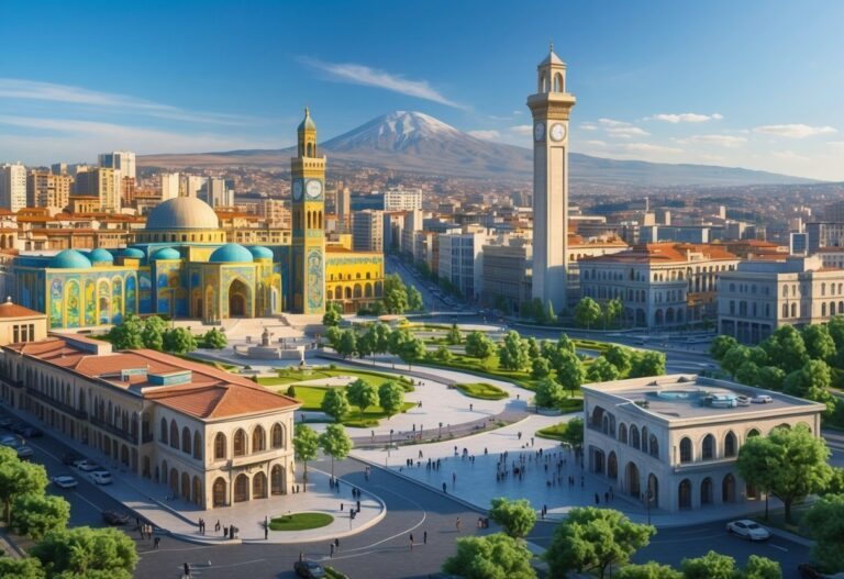 Vista da cidade de Tirana com a praça principal, mesquita, torre do relógio, montanha ao fundo e ruas movimentadas.