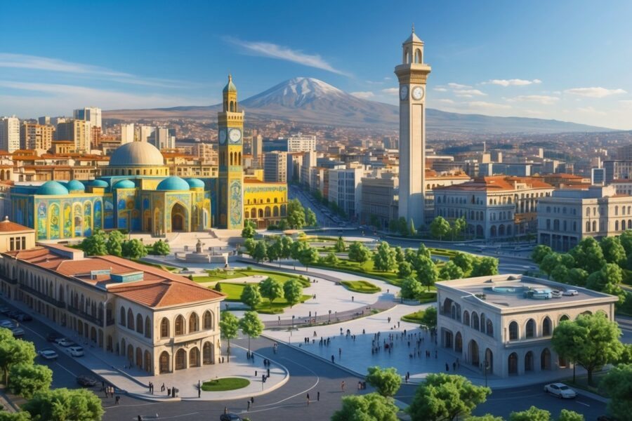Vista da cidade de Tirana com a praça principal, mesquita, torre do relógio, montanha ao fundo e ruas movimentadas.