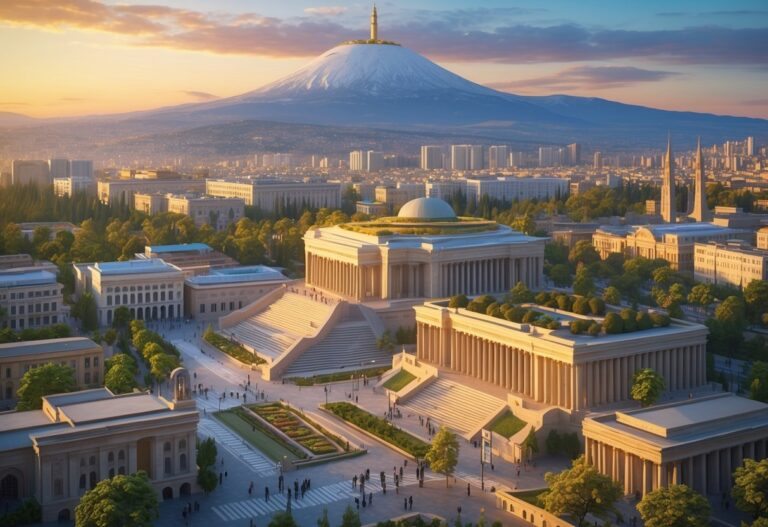 Vista panorâmica da cidade de Yerevan, capital da Armênia, mostrando edifícios, escadarias, um memorial e montanhas ao fundo ao pôr do sol.