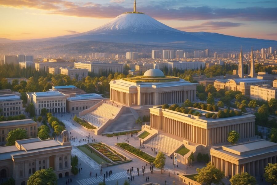 Vista panorâmica da cidade de Yerevan, capital da Armênia, mostrando edifícios, escadarias, um memorial e montanhas ao fundo ao pôr do sol.