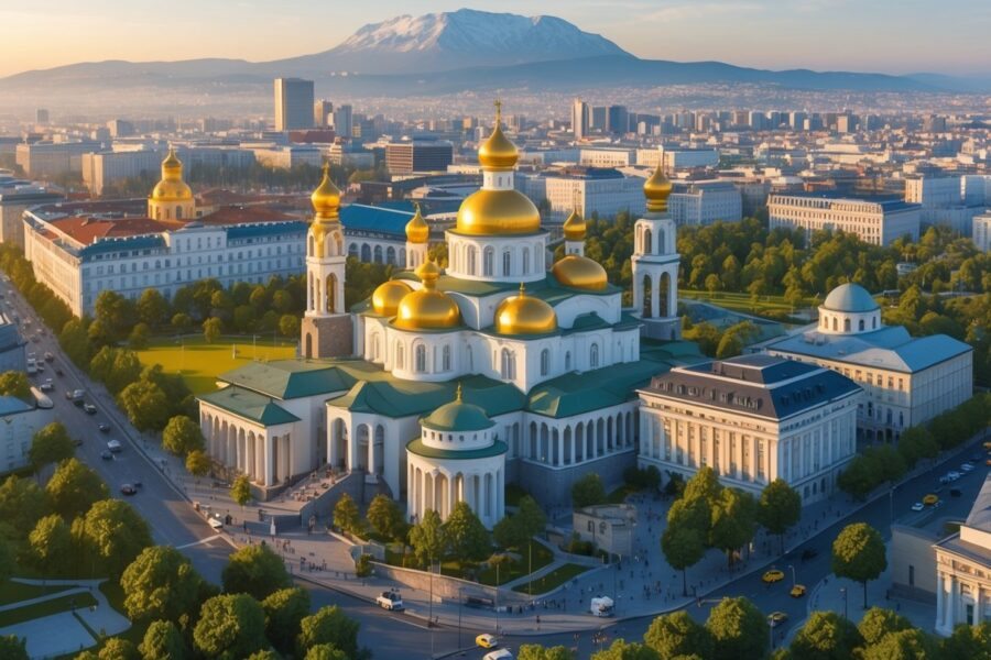 Vista panorâmica da cidade de Sofia na Bulgária com a catedral Alexander Nevsky, ruínas antigas, montanha ao fundo e áreas verdes.