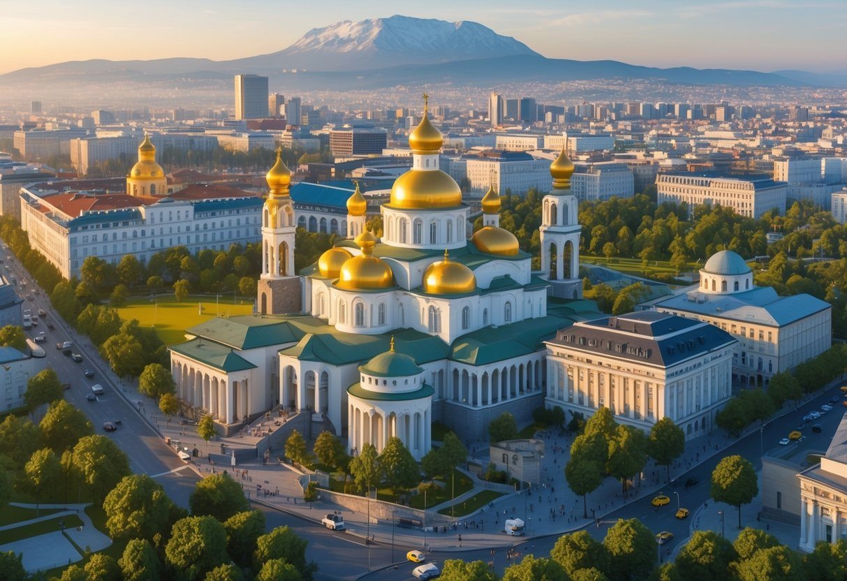 Vista panorâmica da cidade de Sofia na Bulgária com a catedral Alexander Nevsky, ruínas antigas, montanha ao fundo e áreas verdes.