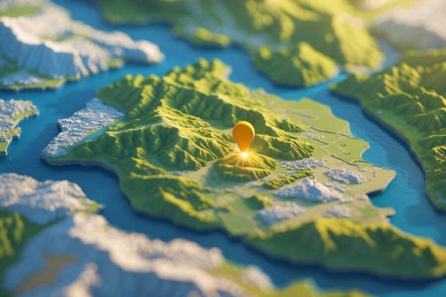 Mapa 3D mostrando a localização da cidade de Tbilisi na Geórgia, com destaque para a região montanhosa ao redor.